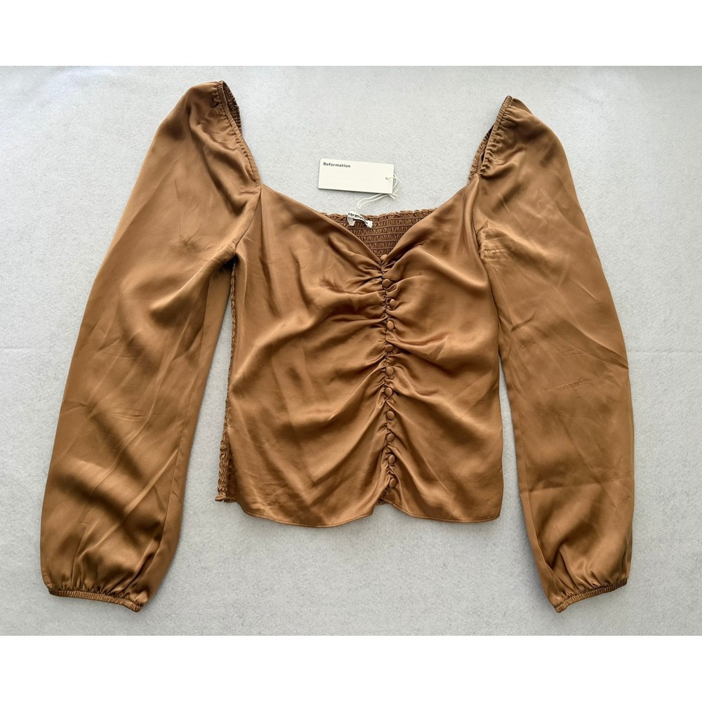 Reformation Silk Ruched Button Front Top Brown Cinnamon Long Sleeve Smocked 10
